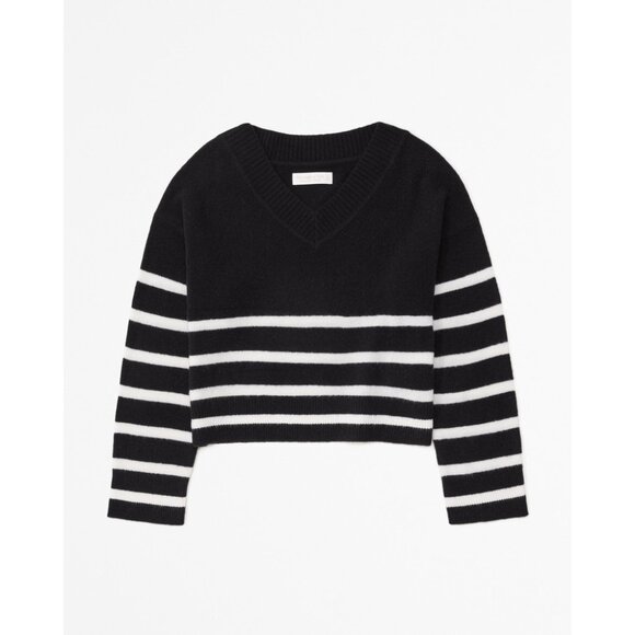 NWT Abercrombie & Fitch Merino Wool Blend Striped B&W Sweater S - Picture 1 of 3